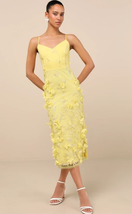 Yellow 3D Floral Embroidered Midi Dress